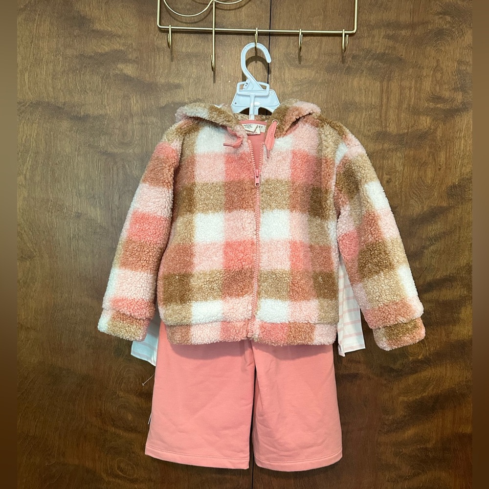 Happily Grey 4 Piece Sherpa Jacket Outfit w/ Top & Pants Girls XS 4 Pink Plaid